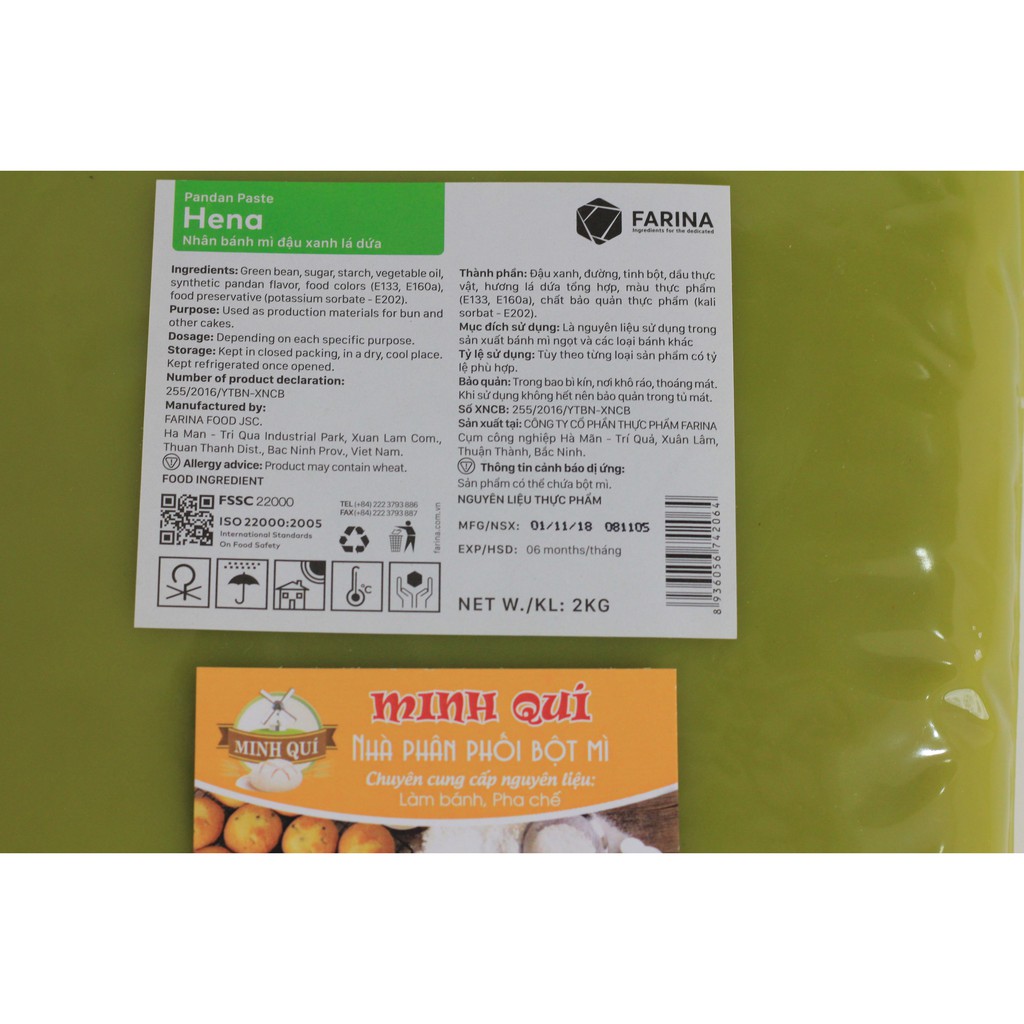 Nhân đậu xanh lá dứa Farina 2kg