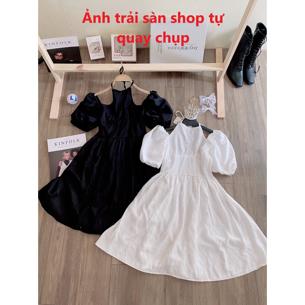 Váy cổ yếm buộc dây tiểu thư - Video Hình Thật, đầm yếm trễ vai dáng xòe hai màu đen trắng