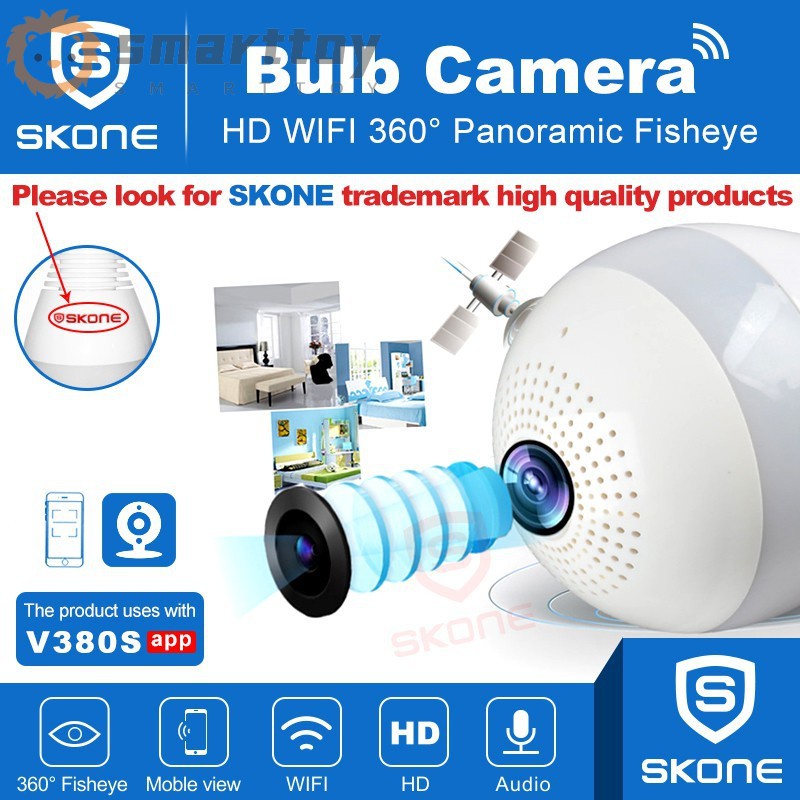 V380 IP CAM Wireless WIFI Network Security Two-Way Audio Home Monitor CCTV 360° Panoramic Light Bulb CCTV Camera SKONE(WHITE)