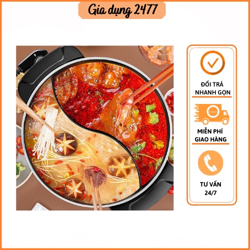 Nồi lẩu 2 ngăn uyên ương Bếp lẩu đỏ chống dính 5 lít tiết kiệm điện năng An toàn cho gia đình
