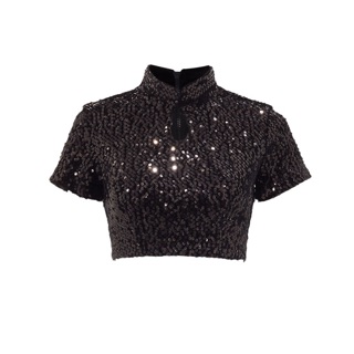 Áo croptop SheByShj kiểu sườn xám lấp lánh màu đen - Lisa Top
