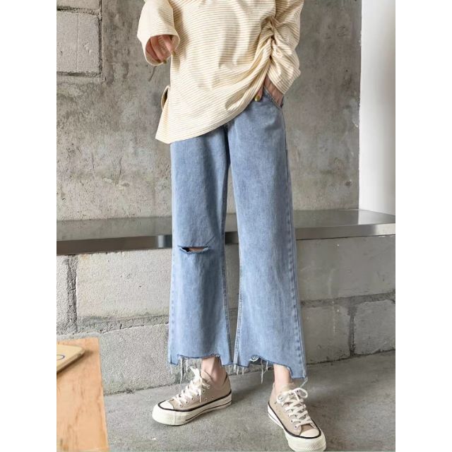 Quần slim baggy jeans rách gối cắt gấu ulzzang kèm ảnh thật