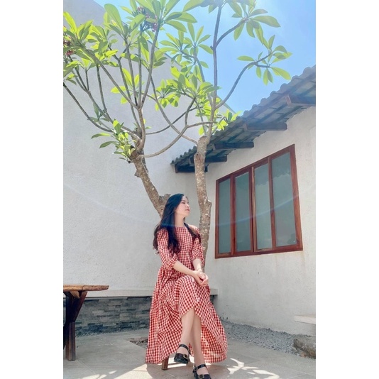 Đầm kẻ ô dáng dài chất cotton thô form dáng rộng cực xinh