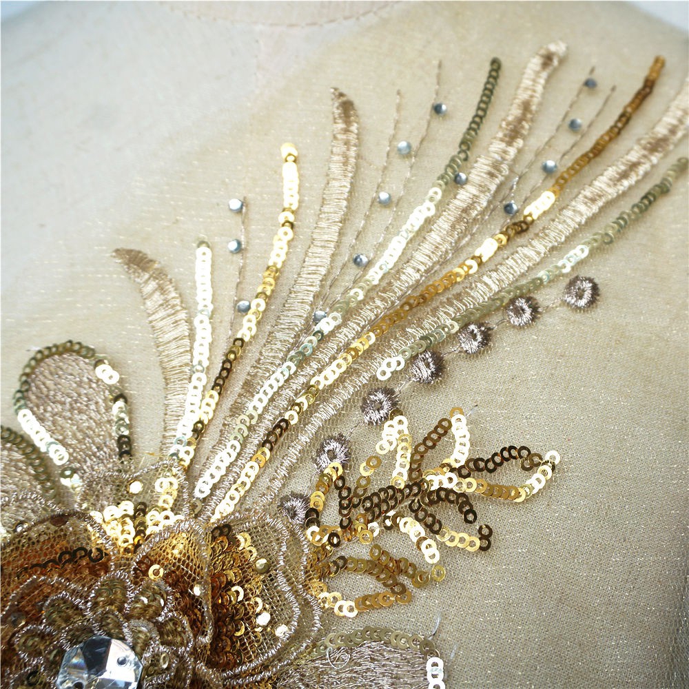 Miếng Vải Ren Thêu Hoa Đính Kim Sa Vàng Dùng May Váy Cưới diy