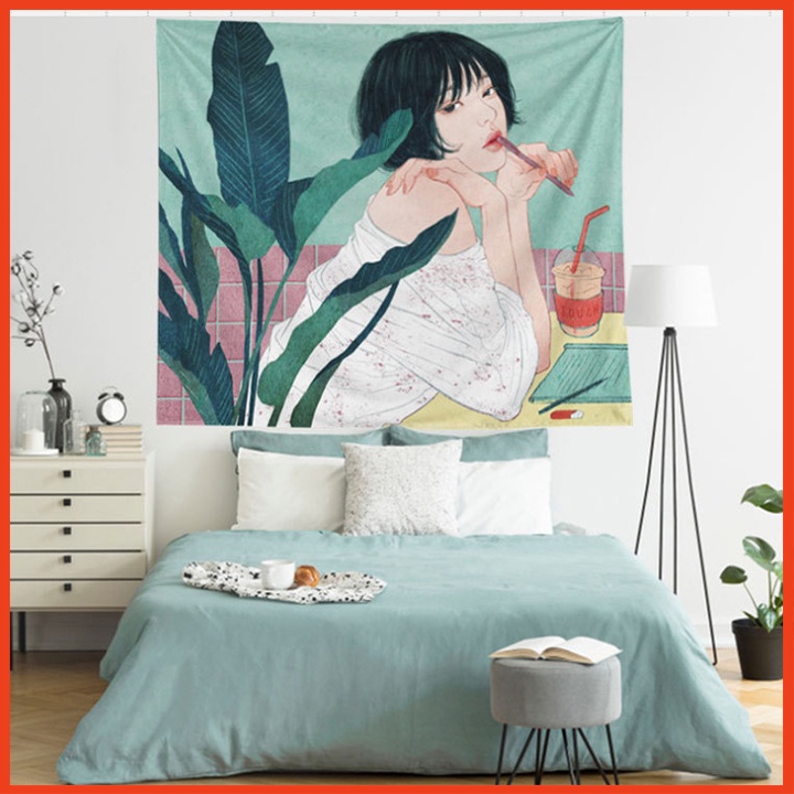 Thảm treo tường bằng vải họa tiết cô gái có tặng kèm móc treo tường trang trí phòng, decor nhà cửa