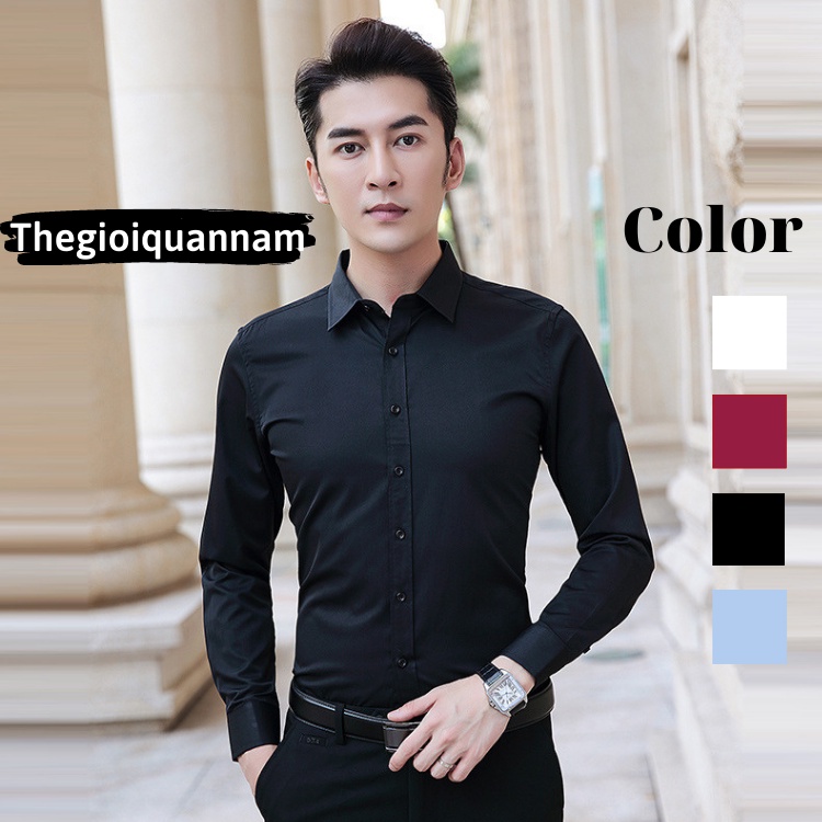 Áo sơ mi nam dài tay dáng ôm Hàn Quốc, Áo Sơ Mi Nam body thoáng mát thấm hút mồ hôi tốt màu đen cực ưng