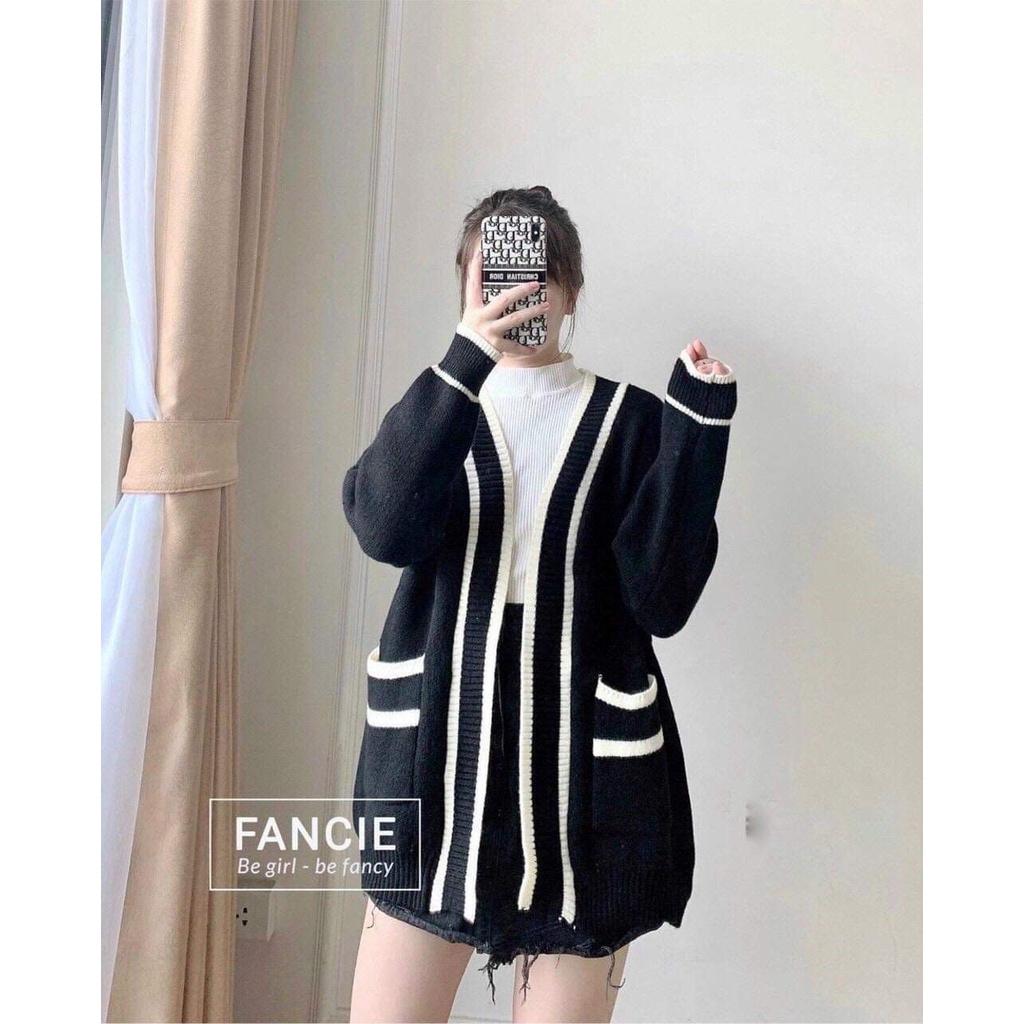 Áo khoác len cadigan dáng dài đen trắng phối viền hàng Quảng Châu cao cấp Kanimi | BigBuy360 - bigbuy360.vn