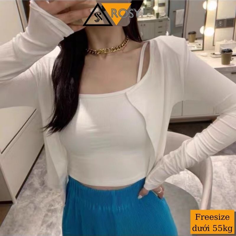 Set áo croptop 2 dây có khoác ngoài chất co giãn siêu xinh cho chị em