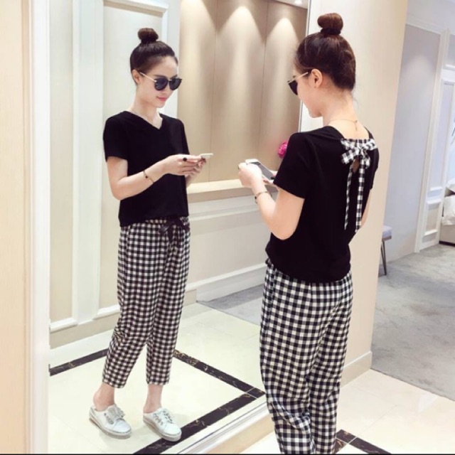 Sét bộ quần kẻ cảo áo đen đau thắt nơ (Hàng quảng châu)