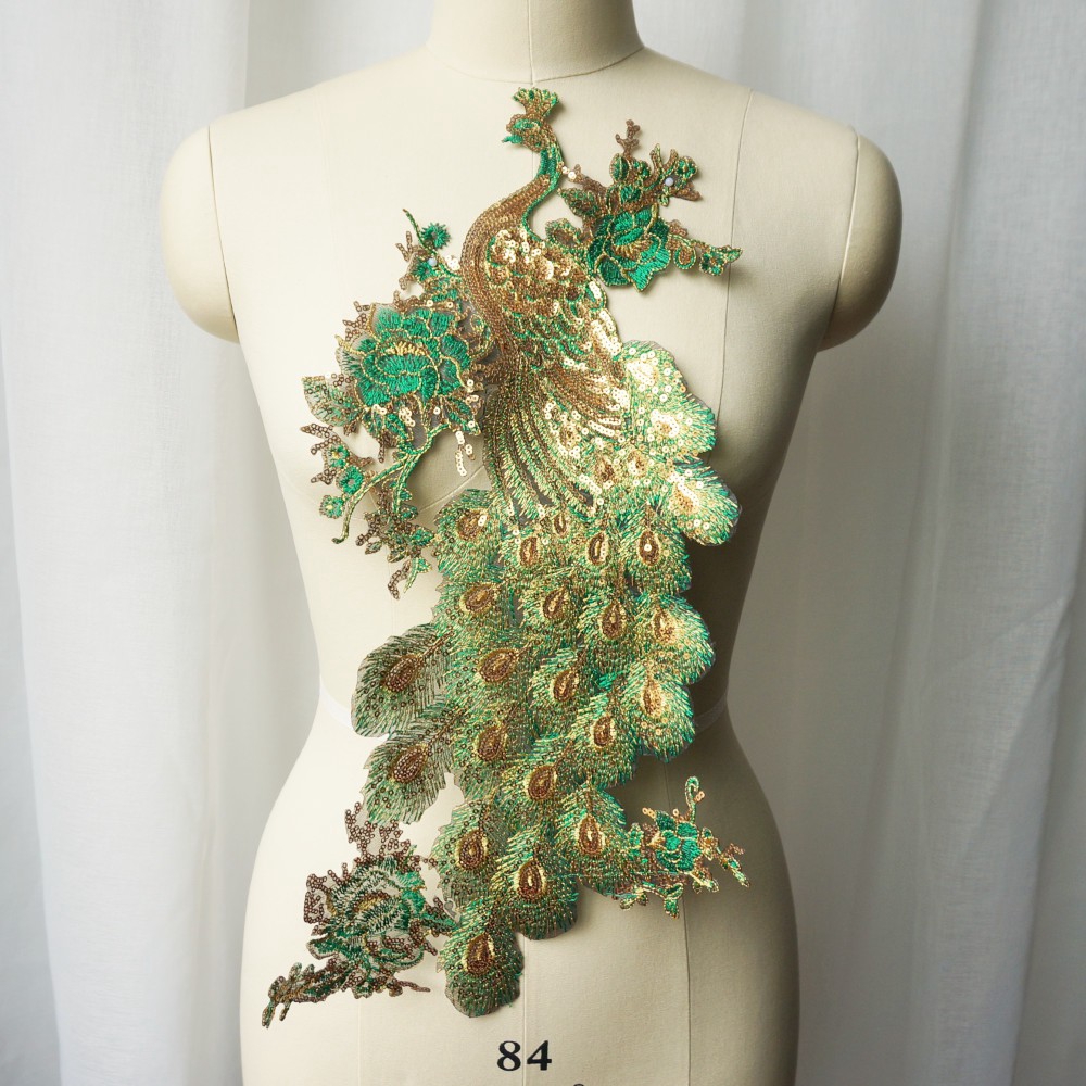 Huy Hiệu Thêu Hình Chim Công Đính sequin Màu Xanh Lá diy