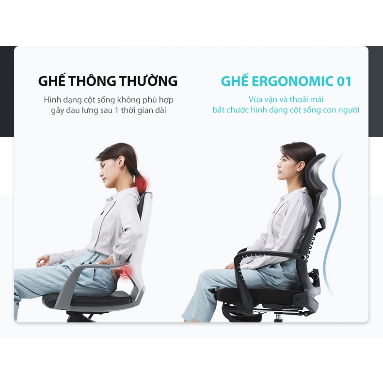 Ghế công thái học Nghia Furniture Ergonomic 01 - E01 ngả lưng vượt trội 170 độ