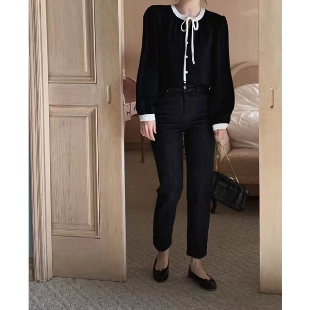 Áo Sơ Mi Tay Dài Buộc Dây Màu Đen Thanh Lịch Dành Cho Nữ 49305