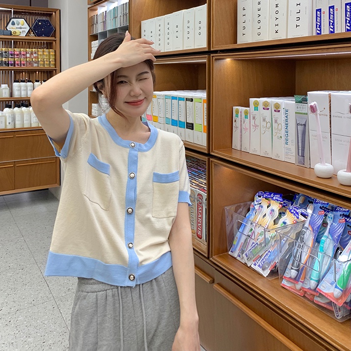 Áo Cardigan Dệt Kim Ngắn Tay Phối Màu Sắc Trẻ Trung 51916