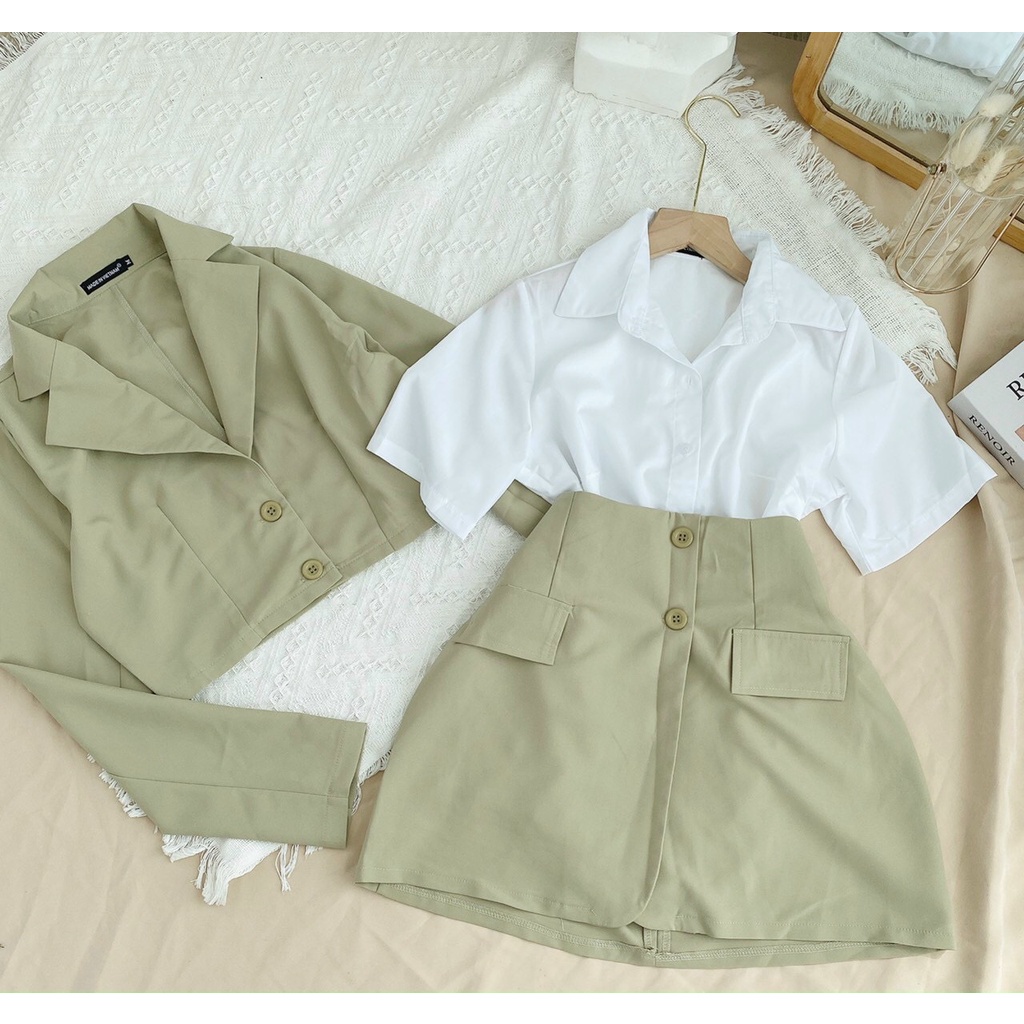 Set 3 mons vest xanh khoác croptop td+sơmi+chân váy KÈM ẢNH THẬT
