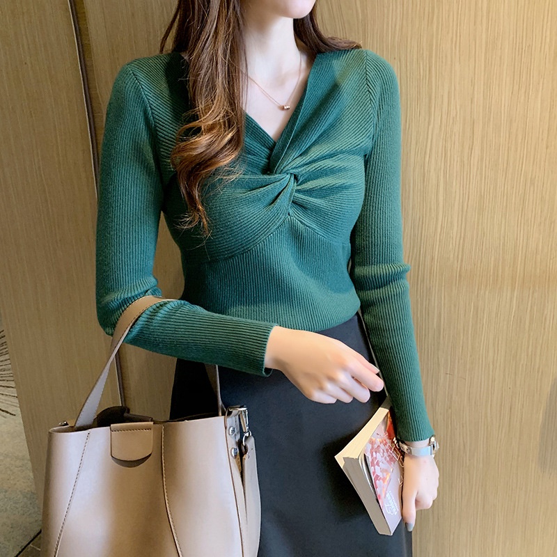 IELGY   Áo Dệt Kim Mỏng Tay Dài Cổ Chữ V Màu Đen Thời Trang Cho Nữ