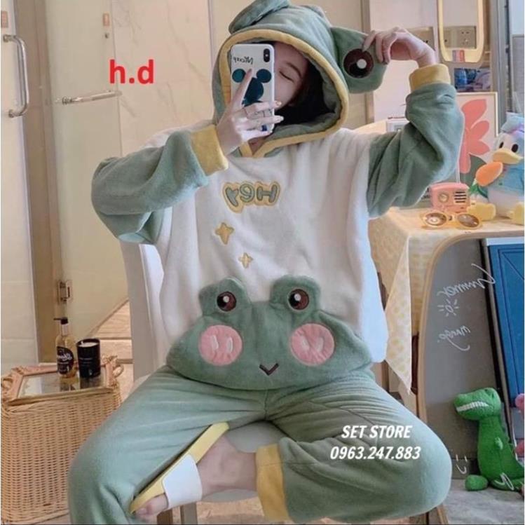 Bộ đồ ngủ mùa đông ẾCH XANH lông cừu giữ nhiệt tốt, bộ đồ mùa đông | BigBuy360 - bigbuy360.vn