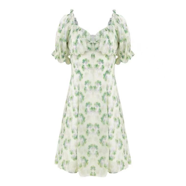 Jiashucheng Đầm Hoa Tay Phồng Ôm Eo Thời Trang Mùa Hè 2022 Phong Cách Ngọt Ngào Cho Nữ