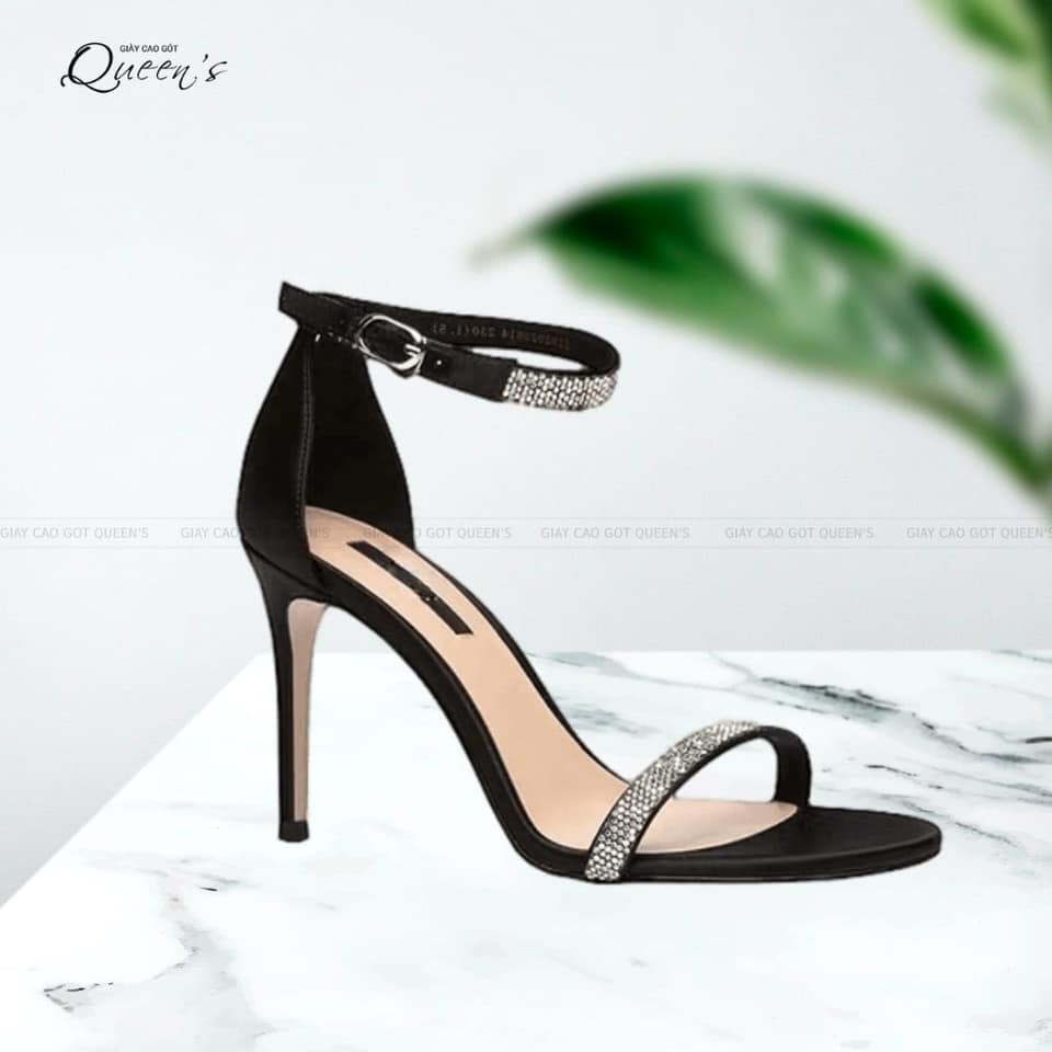 Giày Cao Gót Sandal Nữ Màu Đen Đính Đá, Giày Cao Gót Hở Mũi Đế Nhọn Dây Mảnh Công Sở Cao 8-10-11 Phân - Bảo Hành 1 Năm