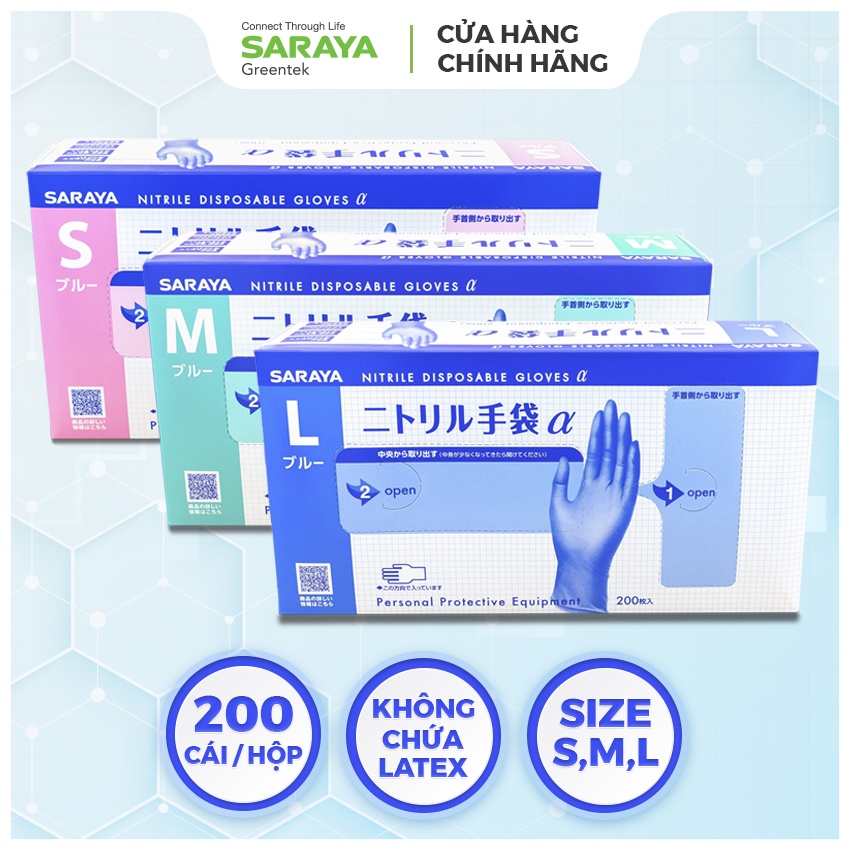 Găng Tay Cao Su Saraya Nitrile Alpha, Không Bột, Màu Xanh Tím, Dùng Trong Thực Phẩm, Vệ Sinh Y Tế - 200 Chiếc/Hộp