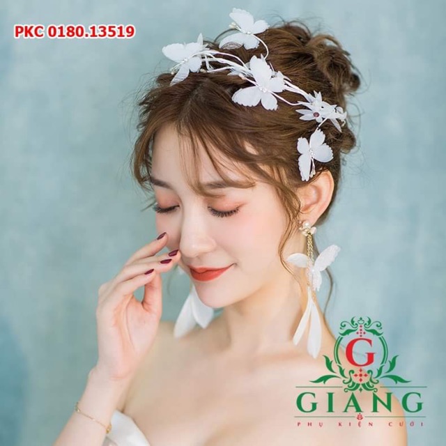 Cài tóc cô dâu kèm bông tai lụa trắng - phụ kiện cưới