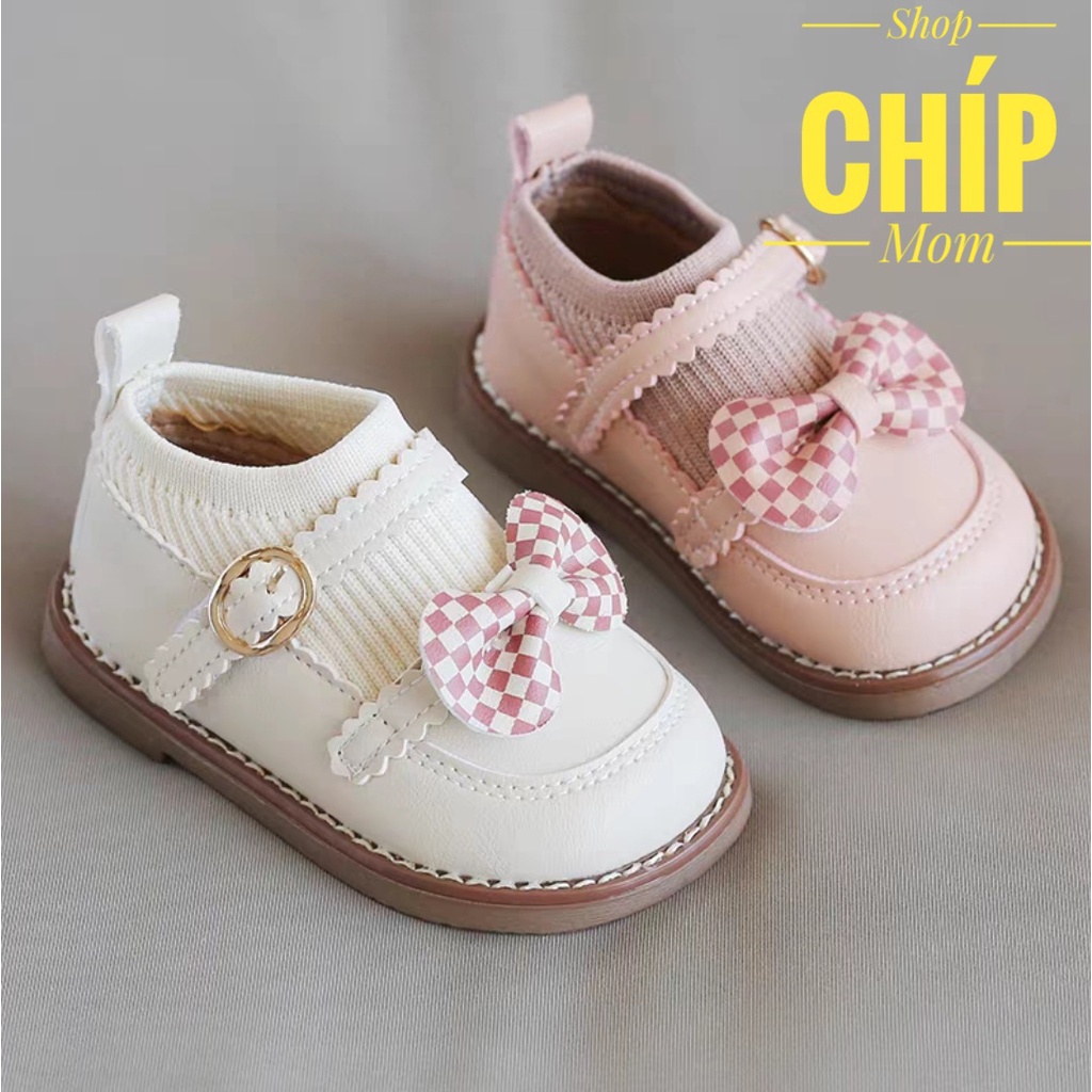 giày bé gái bốt thun co dãn cho bé da PU mềm siêu nhẹ nơ caro sinh xắn cho bé từ 6m QCCC full hộp A2233 ( có ảnh thật )