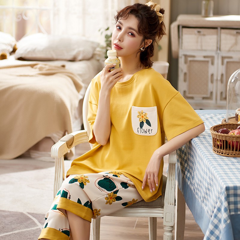 Bộ Đồ Ngủ Cotton Ngắn Tay Thời Trang Mùa Hè 2021 Cho Nữ