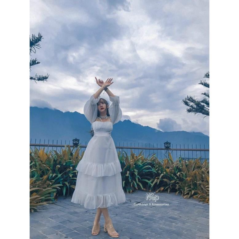 [ẢNH THẬT+ VIDEO ] đầm maxi dáng dài 3 tầng phối voan rớt vai | BigBuy360 - bigbuy360.vn