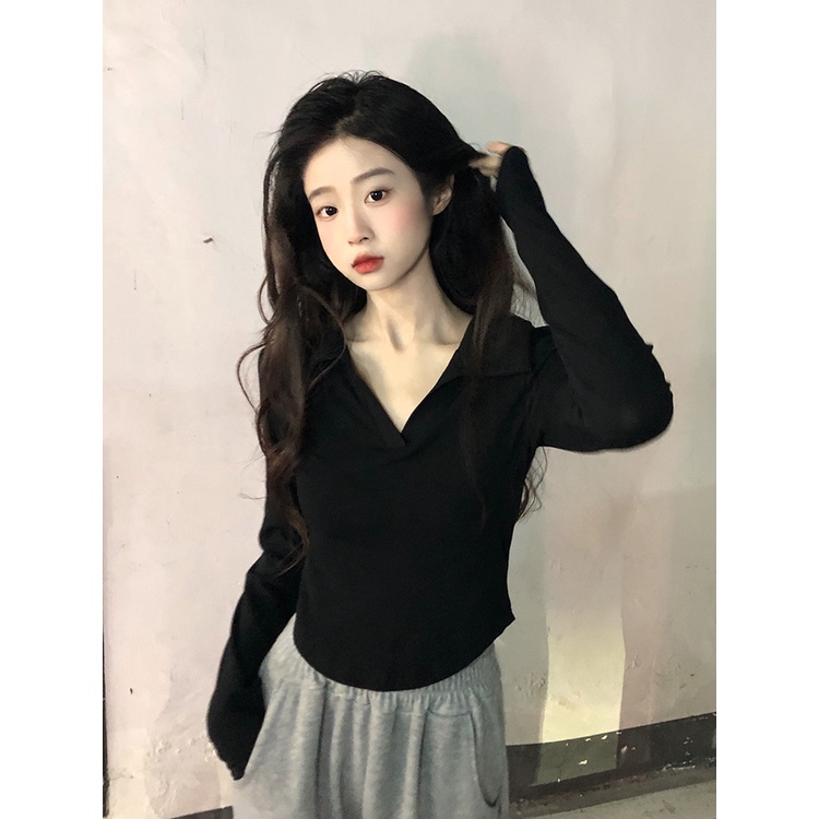 Áo Thun Cotton Mỏng Tay Dài Cổ Polo Màu Trơn Thời Trang Dành Cho Nữ