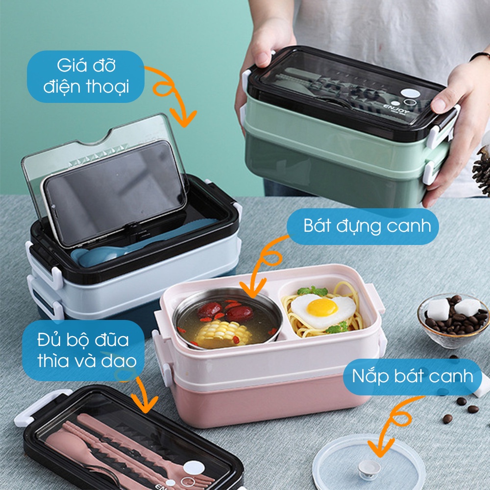 Hộp Cơm Giữ Nhiệt JIASHI Tầng Tặng Kèm Thìa Dĩa Đũa INOX 304 Chống gỉ,Chống Đổ Sang Trọng Dung Tích 1600ML - HDC02