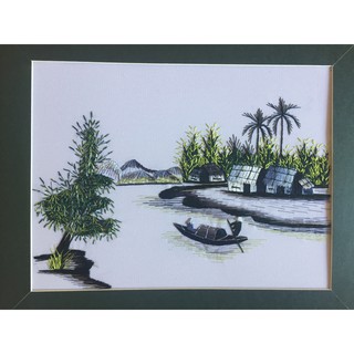 Tranh thêu tay phong cảnh đẹp Đồng quê thủy mặc 20x25 DQ003