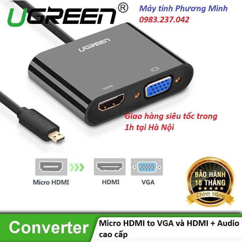 Cáp chuyển đổi Micro HDMI to VGA và HDMI + Audio cao cấp Ugreen 30355 - Hàng chính hãng bh 12 tháng