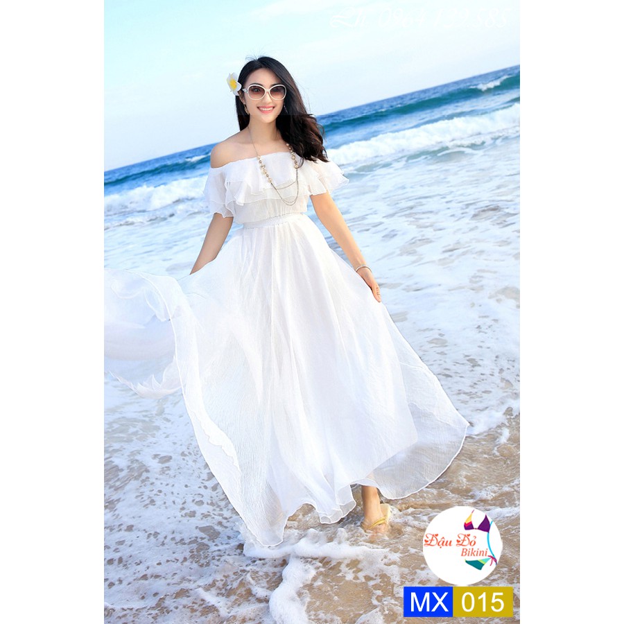 Đầm nữ maxi trắng dáng xòe dịu dàng, tay bèo xinh xắn, mặc đi biển, du lịch, dạ hội | MX015