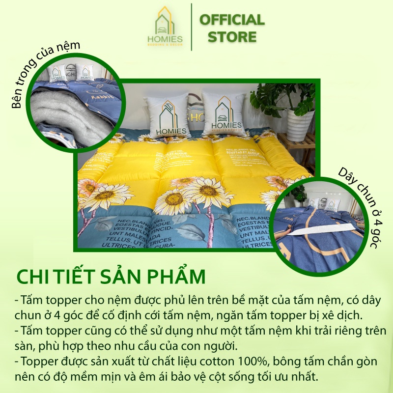 Nệm Topper Cúc Vàng HOMIES Tấm làm mềm đệm cotton Đũi Hàn quốc mới nhất 2020 - Có Chun 4 Góc Cố Định Đệm