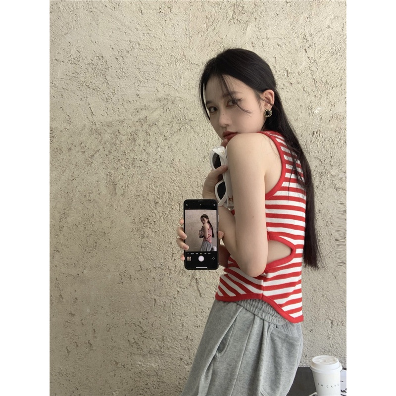 HUANG YOYO Áo Hai Dây Dáng Ngắn In Họa Tiết Kẻ Sọc Phong Cách Pháp Thời Trang Mùa Hè Cho Nữ 2022A