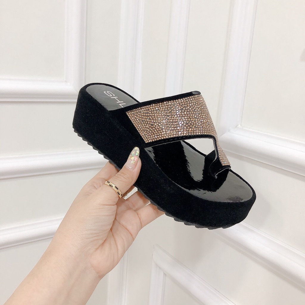 Dép đế xuồng 7 phân chất nhung quai xỏ ngón đính đá sang chảnh form chuẩn bền đẹp cực dễ mang