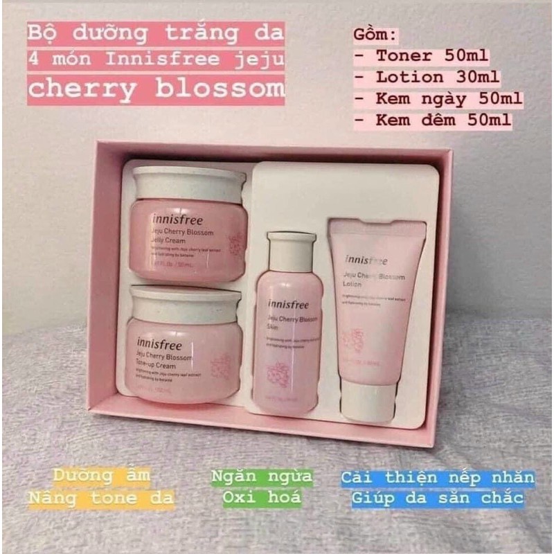 Bộ Dưỡng Dưỡng Ẩm Và Nâng Tông Da Sáng Innisfree Jeju Cherry Blossom Set (4 Sản Phẩm)