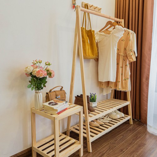 Giá treo quần áo chữ A 2 tầng chất liệu gỗ tự nhiên cao cấp - Kệ treo quần áo chữ a 2 tầng bằng gỗ, thiết kế chắc chắn