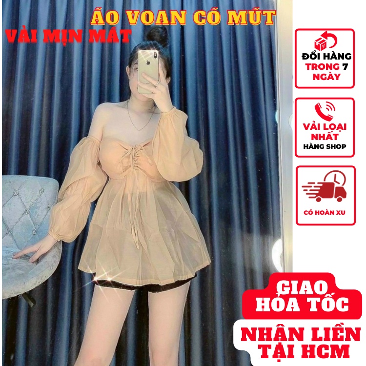 áo kiểu bẹt trễ vai nữ có mút tay dài vải voan tôn dáng hàn quốc mẫu mới thời trang A147