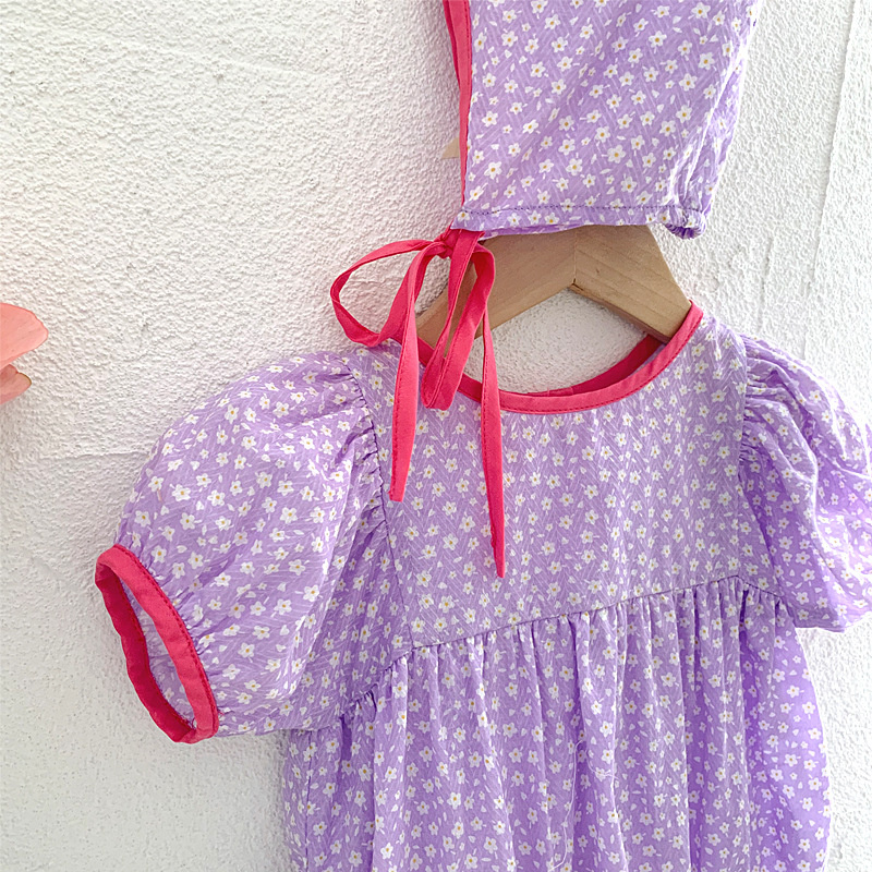 Bộ Áo Liền Quần Tay Ngắn In Hoa + Mũ Thời Trang Mùa Hè Dễ Thương Cho Bé Gái Sơ Sinh