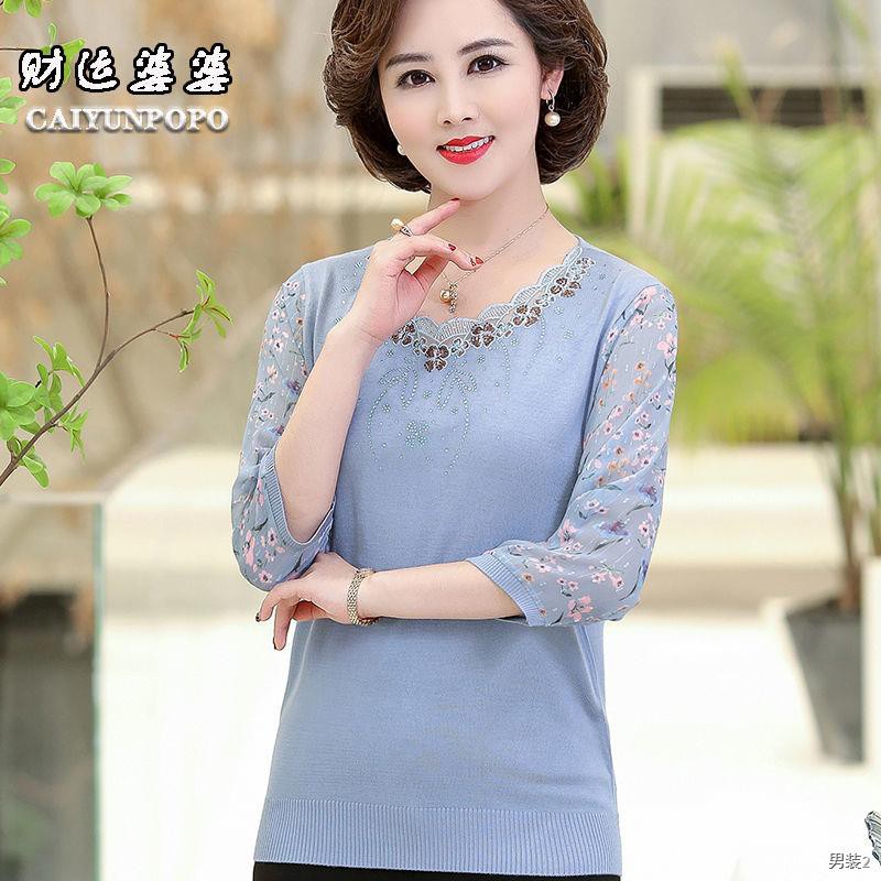 Mom mùa xuân phong cách mới kiểu phương tây sợi dệt kim tay áo T-shirt cho người trung niên và già sơ mi vải voan