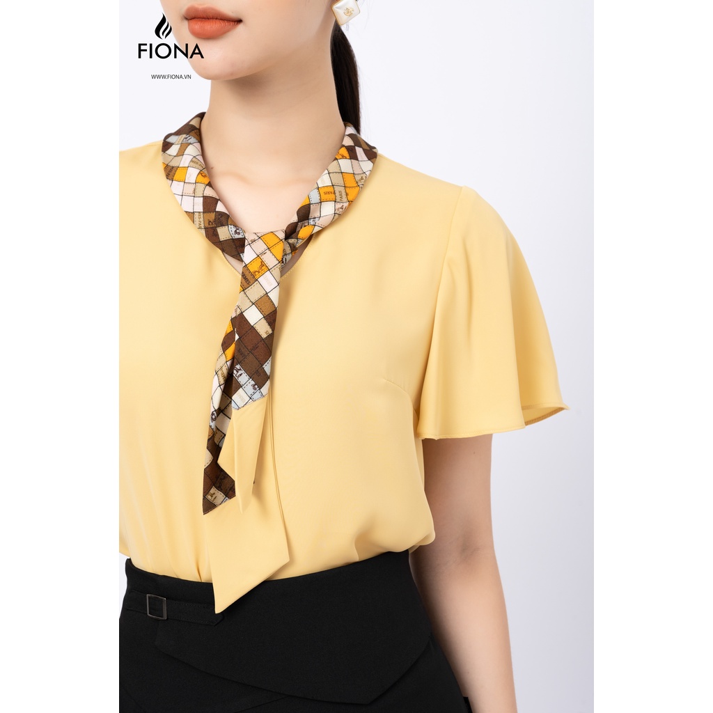 Sơ mi nữ dáng suông Fiona, Áo sơ mi croptop cổ buộc nơ phối đính hạt tay chuông đổ rủ F551253