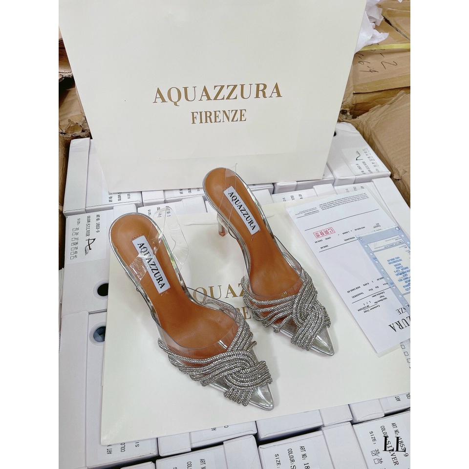 Sandal mica mũi nhọn gắn đá đan chéo gót nhọn fullbox hàng quảng châu cao cấp