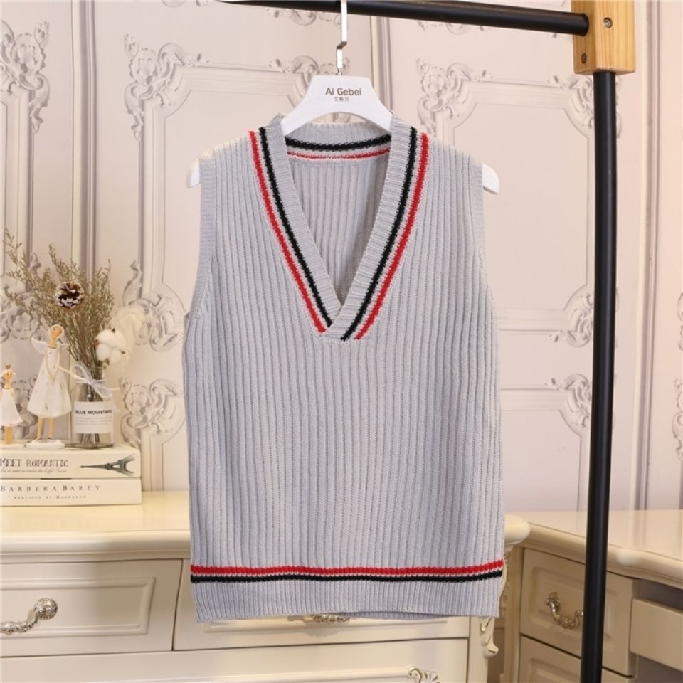 Áo len không tay cổ V phối sọc dáng rộng thời trang Hàn Quốc cho nữ sinh | BigBuy360 - bigbuy360.vn