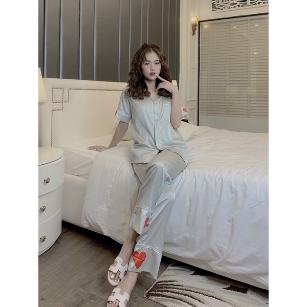 Bộ Đồ Pijama – Bộ Lụa latin viền sóng tay cộc quần dài [Hàng Đẹp, Lụa Mát Mịn]  Không Nhăn, Không Bai Giãn | BigBuy360 - bigbuy360.vn