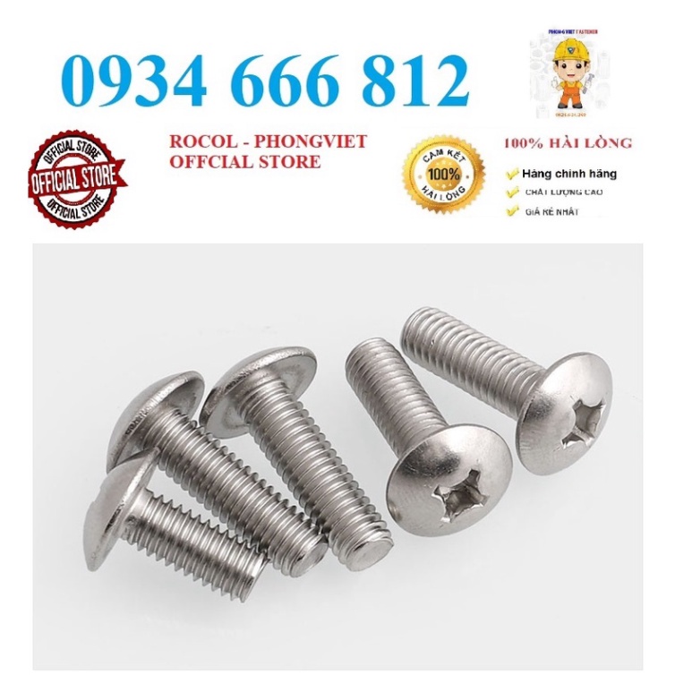 Vít pake đầu dù thân bulong INOX 304 M6, M6x10,M6x12,M6x16,M6X20, M6X25,M6x30,M6x35,M6x40