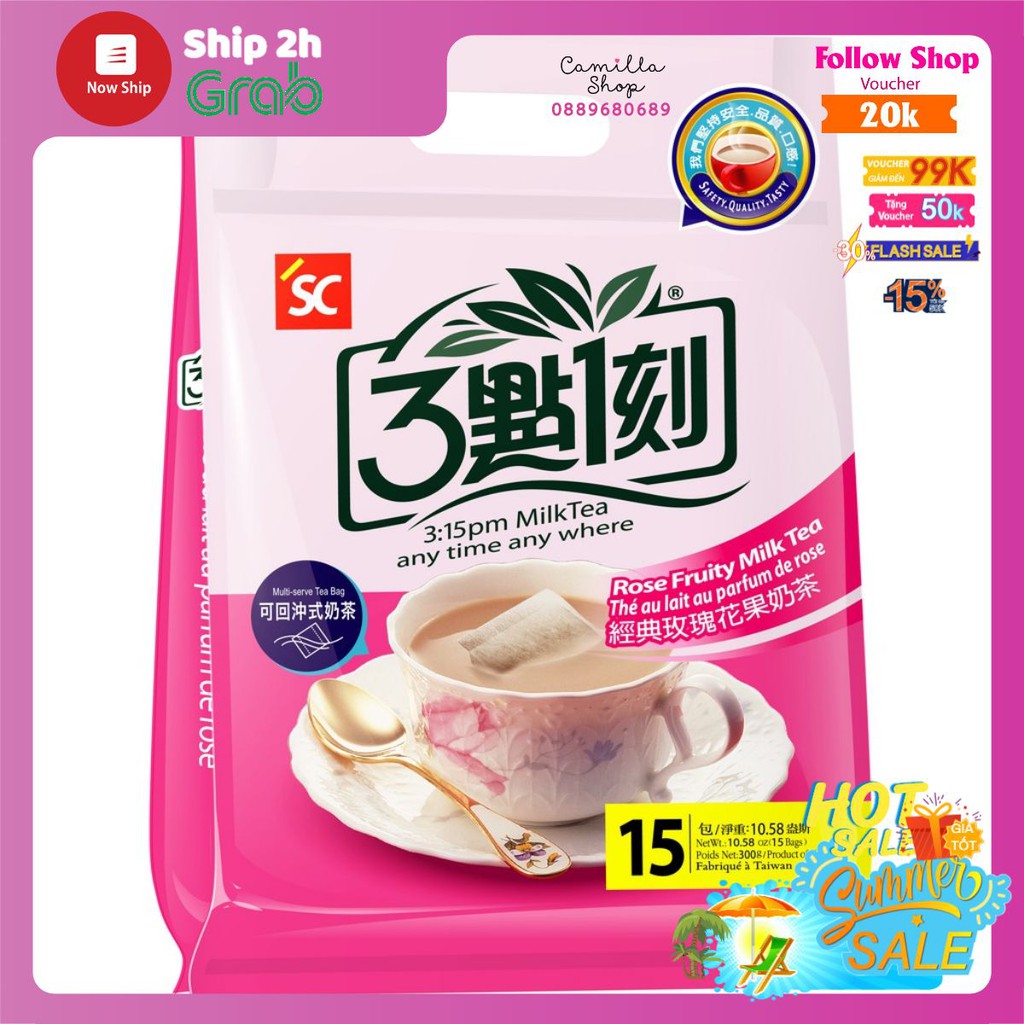 Trà sữa Đài Loan túi lọc 3:15 PM vị hoa hồng Rose Fruit túi 15 gói (20g/gói) 17/10/2021