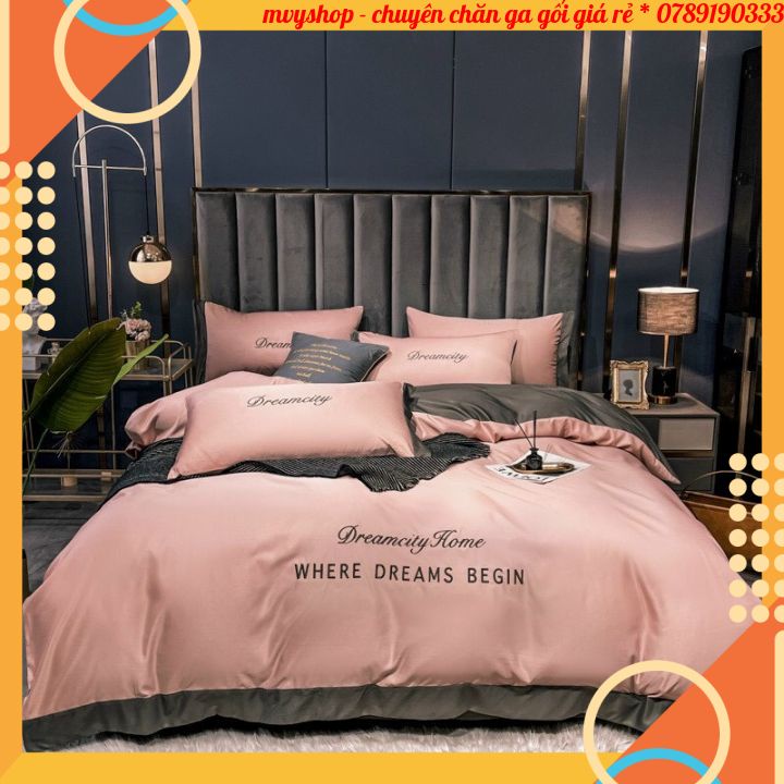 Bộ chăn ga gối cotton phi lụa Dreamcity nhập khẩu, bộ 4 món vỏ chăn ga và vỏ gối phi lụa cao cấp mềm mịn mát nhiều mầu