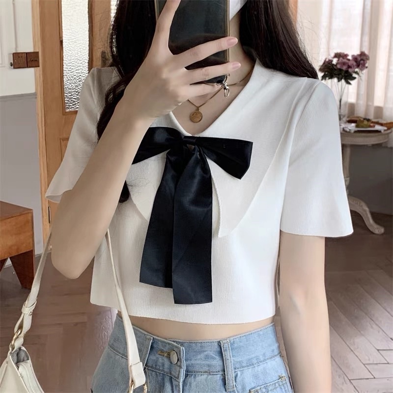 áo len dệt kim mix nơ ruy băng (58048#)