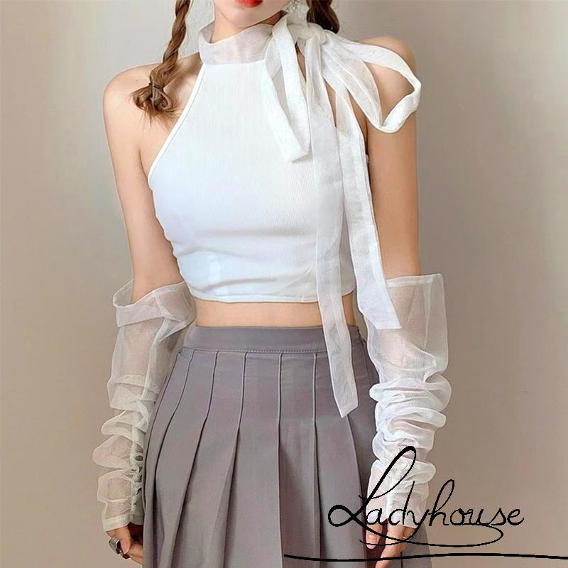 LDDWomen Casual Crop Tops, Solid Color Mock Neck Slim-Fit Bandage Tops with Sleeves, White