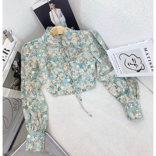 Áo sơ mi cổ hoa xanh cổ trụ tay dài cut out ngực
